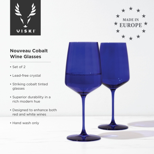 Viski Reserve Nouveau Cobalt Colored Wine Glasses - Crystal Cobalt Blue Glassware - 22oz Stemmed Wine Glasses Set of 2