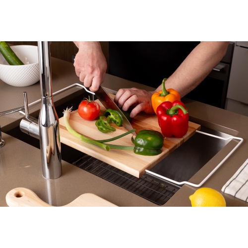MAISON RODIN Over-The-Sink Wooden Cutting Board 13"x12"x3/4", Adjustable Wire, Made in Canada, Maple Wood