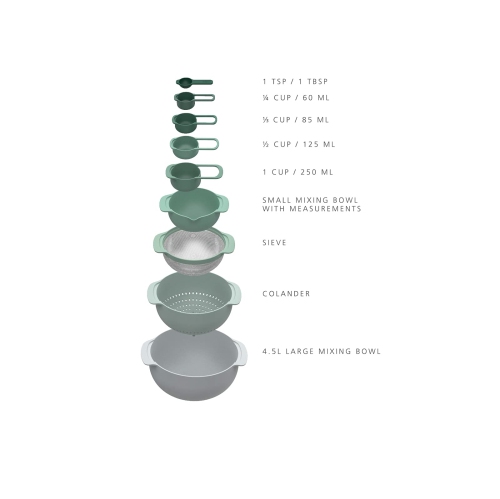 Joseph Joseph Nest 9 Nesting Bowls Set with Mixing Bowls Measuring Cups Sieve Colander, 9-Piece, Editions