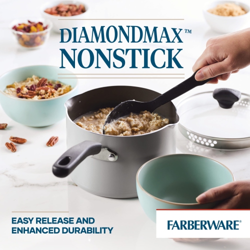 Farberware Cookstart DiamondMax Nonstick Straining Saucepan, Dishwasher Safe, 3 Quart, Silver