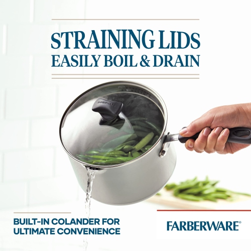 Farberware Cookstart DiamondMax Nonstick Straining Saucepan, Dishwasher Safe, 3 Quart, Silver