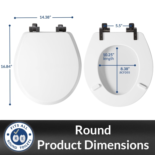 Mayfair Benton Toilet Seat with Matte Black Hinges, Slow Close Wood Seat, Secure Metal Hinges, Easy Install, Round, Wh..