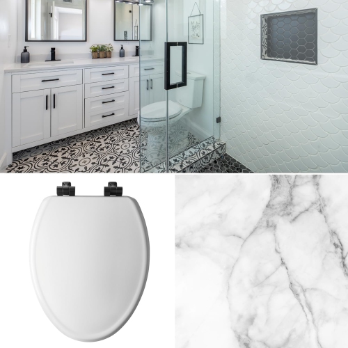 Mayfair Benton Toilet Seat with Matte Black Hinges, Slow Close Wood Seat, Secure Metal Hinges, Easy Install, Round, Wh..