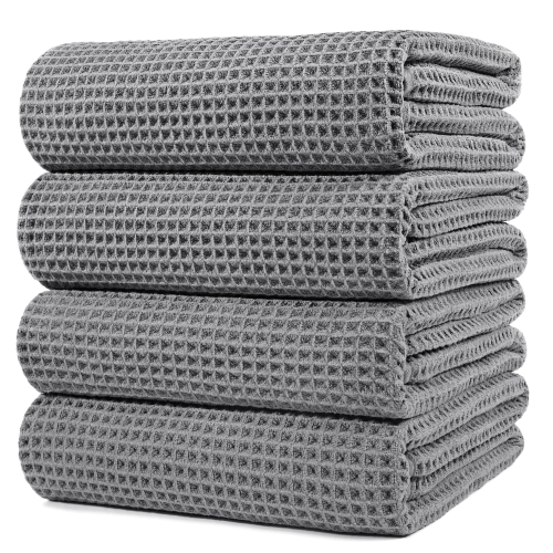 POLYTE  Microfiber Oversize Quick Dry Lint Free Bath Towel, 60 X 30 In, 4 Pack (Gray, Waffle Weave)