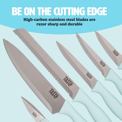 Tasty Kitchen Knife Set with Block, Cutlery Set Includes Chef, Bread, Utility, Paring, Steak Knives & Shears, 10-Piece..