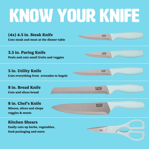 Tasty Kitchen Knife Set with Block, Cutlery Set Includes Chef, Bread, Utility, Paring, Steak Knives & Shears, 10-Piece..