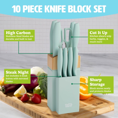 Tasty Kitchen Knife Set with Block, Cutlery Set Includes Chef, Bread, Utility, Paring, Steak Knives & Shears, 10-Piece..