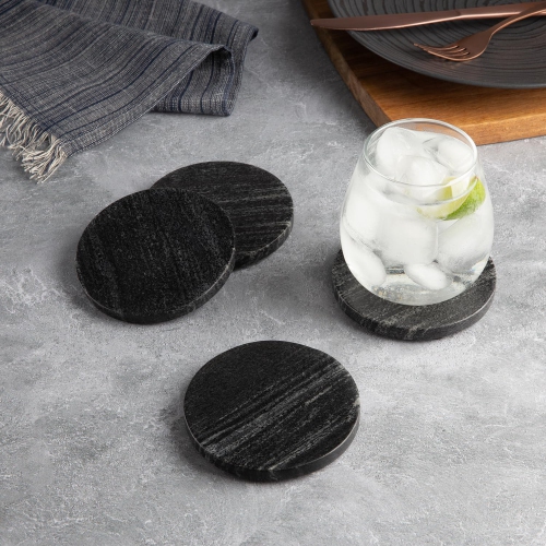 Thirstystone 4 Pack Natural Black Marble Round Coasters 4" Diameter Elegant Heat Tolerant