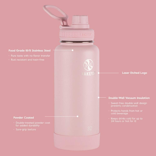 Takeya 885395510545 Actives Insulated Stainless Steel Bottle, Spout Lid Blush 24oz