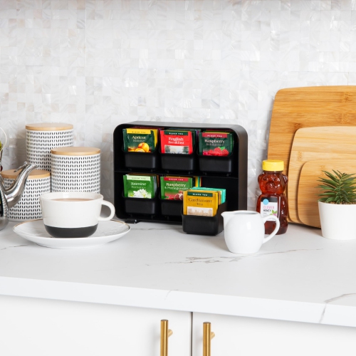 Mind Reader Tea Bag Organizer, Tea Station Organizer, Countertop Storage, Kitchen, Plastic, 8.3L x 26W x 19.7H cm, Black
