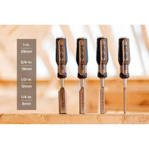 Spec Ops Tools Wood Chisel Set with High-Carbon Steel Blades, Shock-Absorbing Grip, 4-Piece
