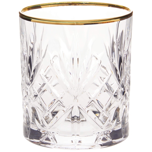 Lorren Home Trends Siena Collection Crystal Double Old Fashion Beverage Glass with Gold Band Design, Set of 4
