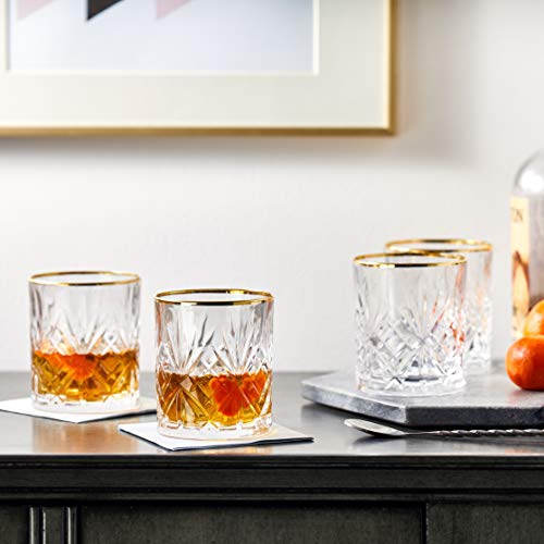 Lorren Home Trends Siena Collection Crystal Double Old Fashion Beverage Glass with Gold Band Design, Set of 4