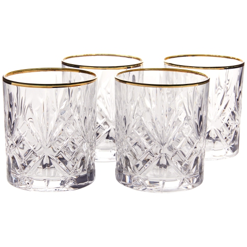 Lorren Home Trends Siena Collection Crystal Double Old Fashion Beverage Glass with Gold Band Design, Set of 4