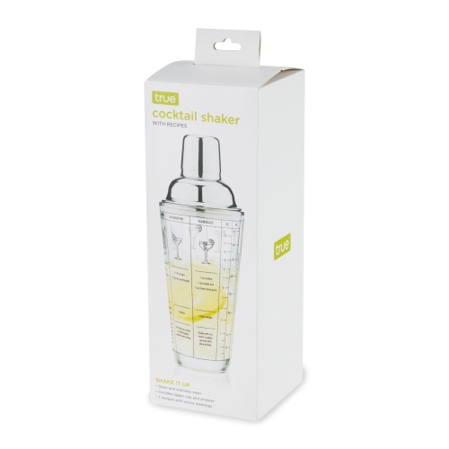 True Glass Cocktail Shaker with Cocktail Recipes, Clear Glass Shaker with Strainer, 13.5 oz