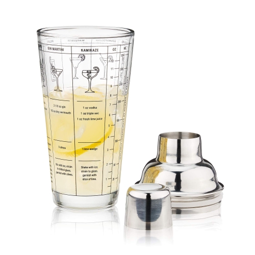 True Glass Cocktail Shaker with Cocktail Recipes, Clear Glass Shaker with Strainer, 13.5 oz