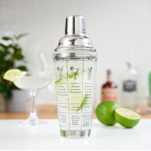 True Glass Cocktail Shaker with Cocktail Recipes, Clear Glass Shaker with Strainer, 13.5 oz