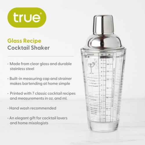 True Glass Cocktail Shaker with Cocktail Recipes, Clear Glass Shaker with Strainer, 13.5 oz