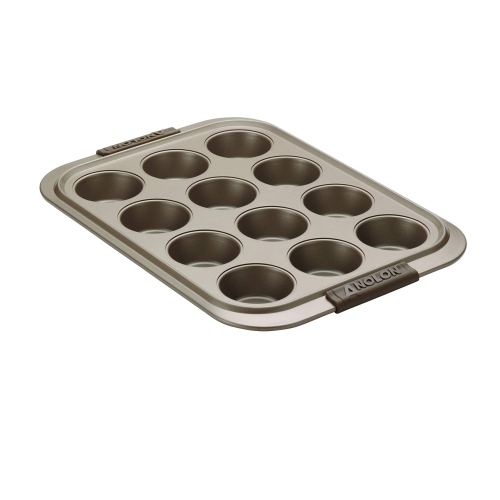 Anolon 12 Cup Advanced Bronze Nonstick Bakeware Muffin Pan with Silicone Grips, Brown