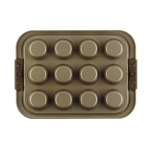 Anolon 12 Cup Advanced Bronze Nonstick Bakeware Muffin Pan with Silicone Grips, Brown