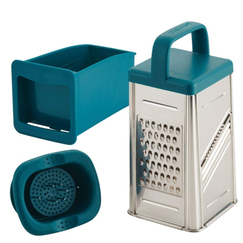 Rachael Ray Tools and Gadgets Stainless Steel Box Grater for Vegetables, Chocolate, Hard Cheeses, and More, Teal Blue