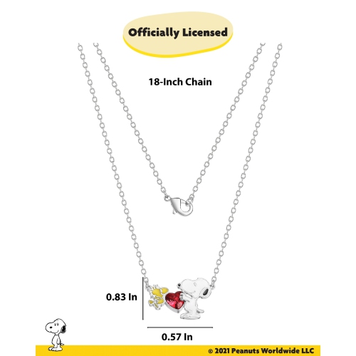 Peanuts Womens Snoopy and Woodstock Red Crystal Heart Necklace 18" - Silver Plated Snoopy Necklace - Official License