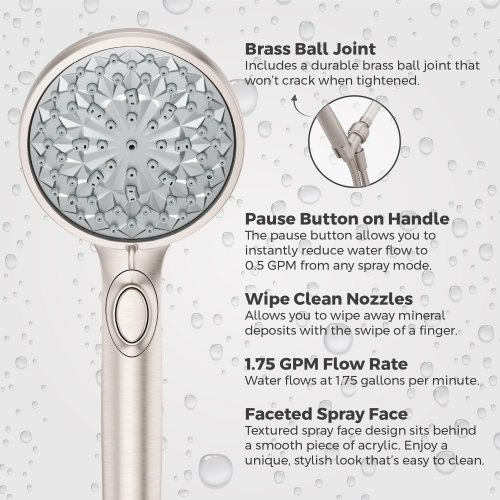 Pfister HydroFuse Handheld Shower Head, Hose Included, 6-Function, 1.75 GPM, Spot Defense Brushed Nickel Finish, 016WS..