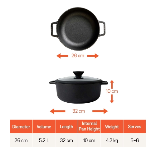 Meyer - Pre-Seasoned Cast Iron Sauteuse with Lid, Induction Cooktop Compatible