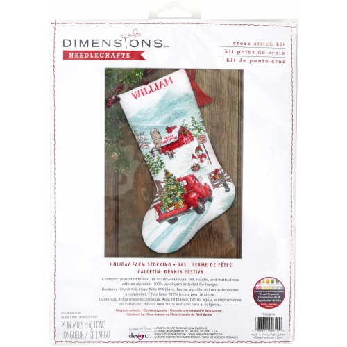 Dimensions 70-09619 Holiday Farm Stocking Counted Cross Stitch Kit, 16" Long, 14 Cnt. White Aida, 6 Pieces