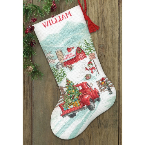 Dimensions 70-09619 Holiday Farm Stocking Counted Cross Stitch Kit, 16" Long, 14 Cnt. White Aida, 6 Pieces