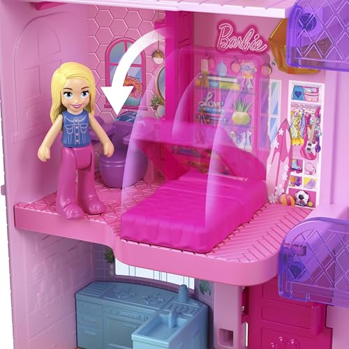 Polly Pocket Barbie Dreamhouse Compact, Dollhouse Playset with 3 Micro Dolls, 1 Puppy, 11 Accessories, Elevator & Pool