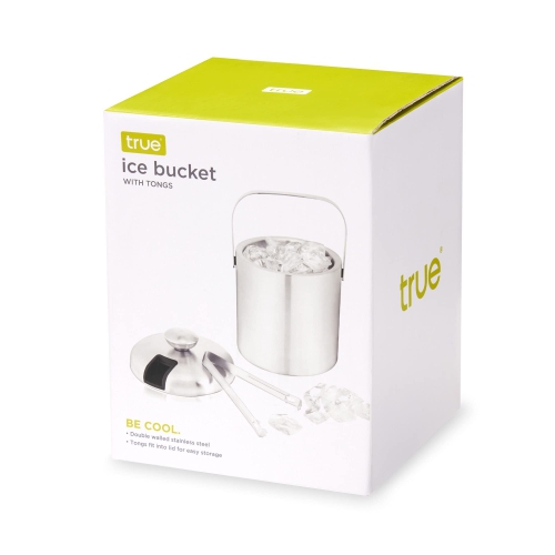 True Stainless Steel Ice Bucket with Tongs, Double Walled Insulated Bar Essential with Built-in Tong Holder Lid