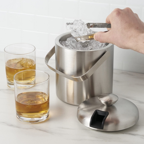 True Stainless Steel Ice Bucket with Tongs, Double Walled Insulated Bar Essential with Built-in Tong Holder Lid