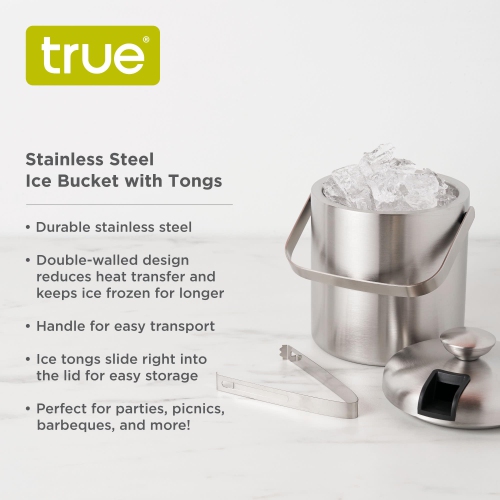 True Stainless Steel Ice Bucket with Tongs, Double Walled Insulated Bar Essential with Built-in Tong Holder Lid