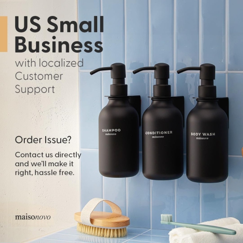 MaisoNovo Shampoo and Conditioner Dispenser with Wall Mounts | 500 ml Set of 3 Black Plastic Bottles Black Pump