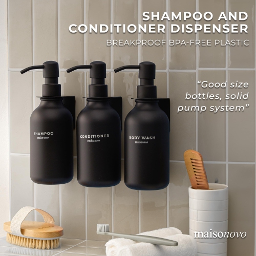 MaisoNovo Shampoo and Conditioner Dispenser with Wall Mounts | 500 ml Set of 3 Black Plastic Bottles Black Pump