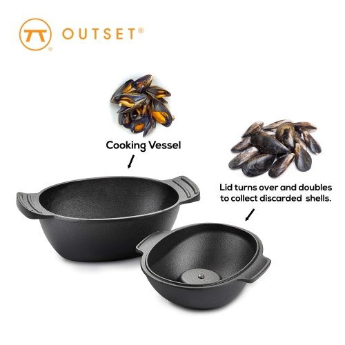 Outset 76495 Cast Iron Seafood and Mussel Pot with Lid for Empty Shells, 2.5 Quart