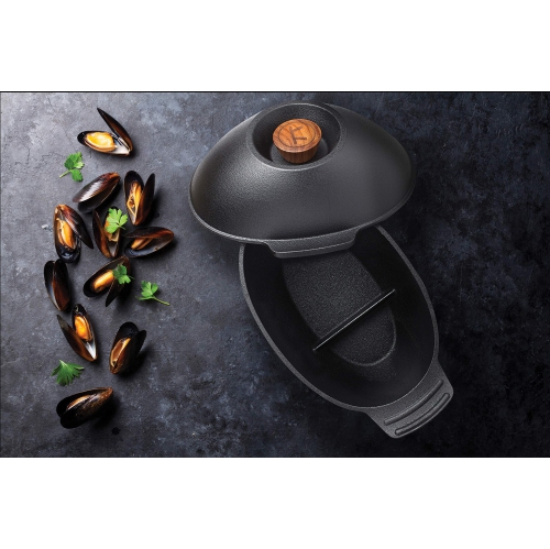 Outset 76495 Cast Iron Seafood and Mussel Pot with Lid for Empty Shells, 2.5 Quart