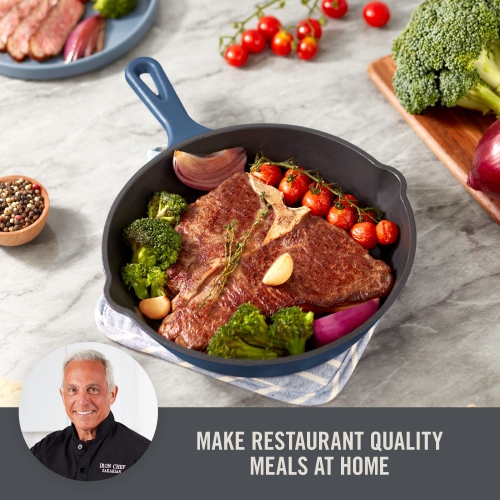 Zakarian by Dash 9.5 Inch Small Nonstick Cast Iron Skillet, Titanium Ceramic Coated Frying Pan, Blue