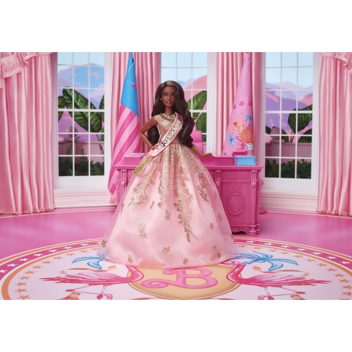Barbie The Movie Doll, President Barbie Collectible Wearing Shimmery Pink and Gold Dress with Sash