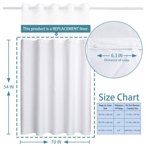 3 Pack Snap in Shower Curtain Liner Replacement Removable Liner)