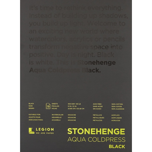 Stonehenge Aqua Black Medium Weight Pad, 140lb, Coldpress, 9 x 12 Inches, 15 Sheets for Wet and Dry Media