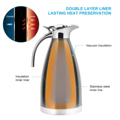 Théière à café de 2&nbsp;L, carafe isotherme à double paroi en acier inoxydable, bouteille d'eau chaude isolée sous vide 2&nbsp;L