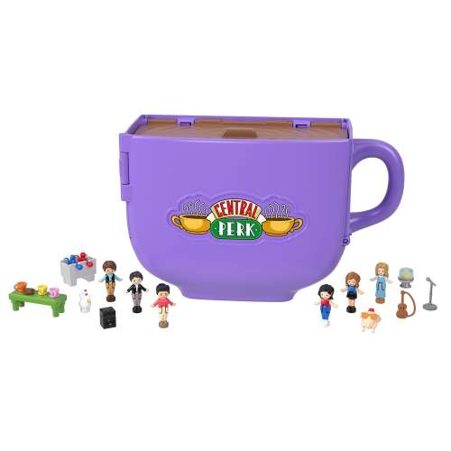 Polly Pocket Friends Compact Playset with 6 Character Dolls & 9 Accessories, Coffee Cup Exterior, Collectible Toy