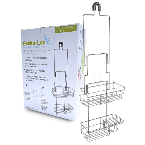 Gecko-Loc Long Adjustable Bathroom Shower Caddy, Over Shower Head Hanging Organizer with Adhesive –
