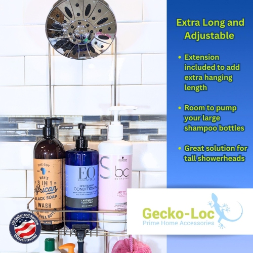 Gecko-Loc Long Adjustable Bathroom Shower Caddy, Over Shower Head Hanging Organizer with Adhesive –