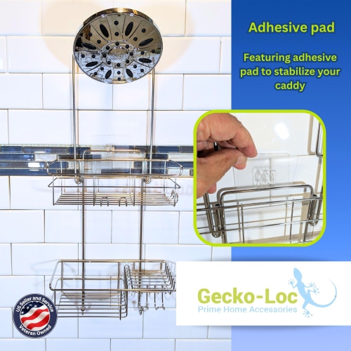 Gecko-Loc Long Adjustable Bathroom Shower Caddy, Over Shower Head Hanging Organizer with Adhesive –