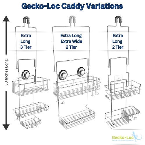 Gecko-Loc Long Adjustable Bathroom Shower Caddy, Over Shower Head Hanging Organizer with Adhesive –