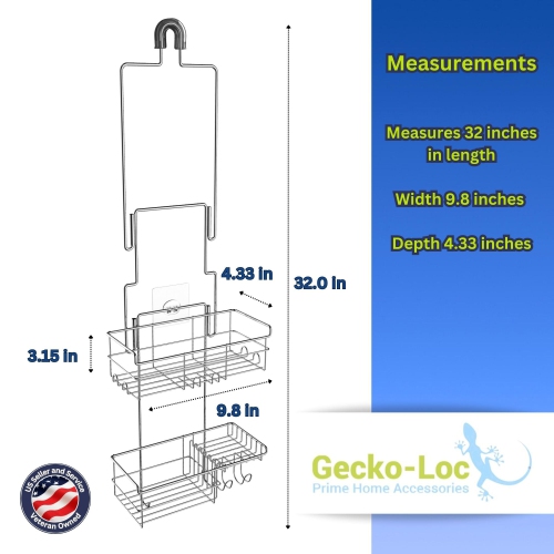 Gecko-Loc Long Adjustable Bathroom Shower Caddy, Over Shower Head Hanging Organizer with Adhesive –
