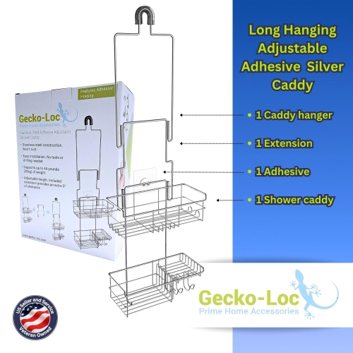 Gecko-Loc Long Adjustable Bathroom Shower Caddy, Over Shower Head Hanging Organizer with Adhesive –